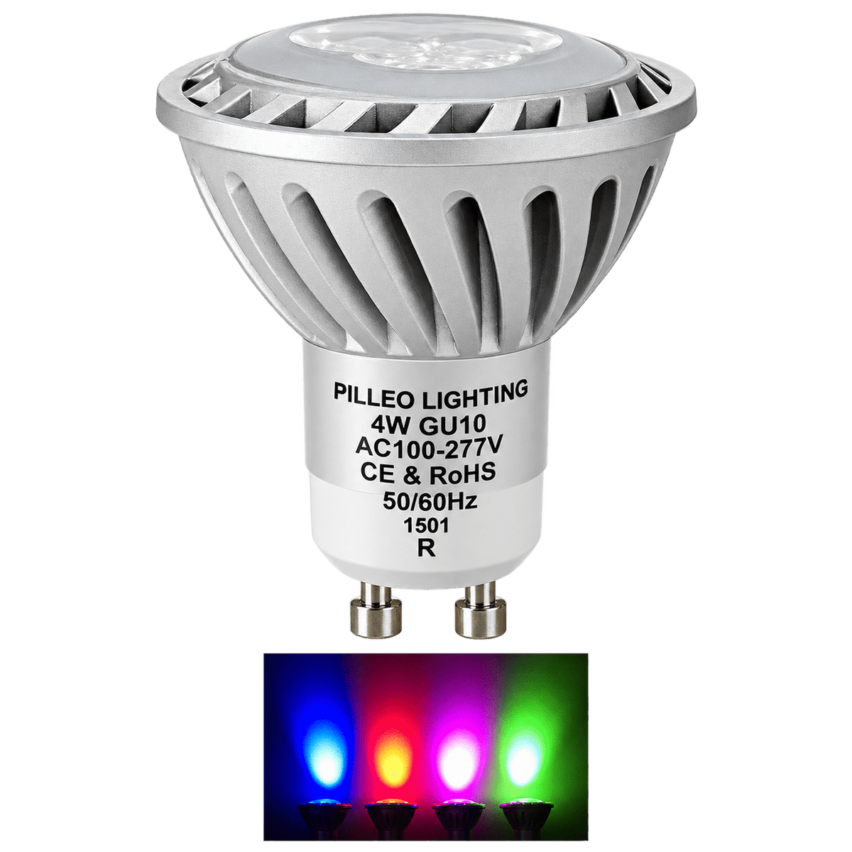LED down light with a silver finish and a GU10 base, accompanied by three colored light beams: blue, pink, and green.