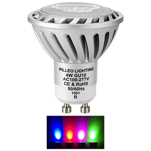 LED down light with a silver finish and a GU10 base, accompanied by three colored light beams: blue, pink, and green.