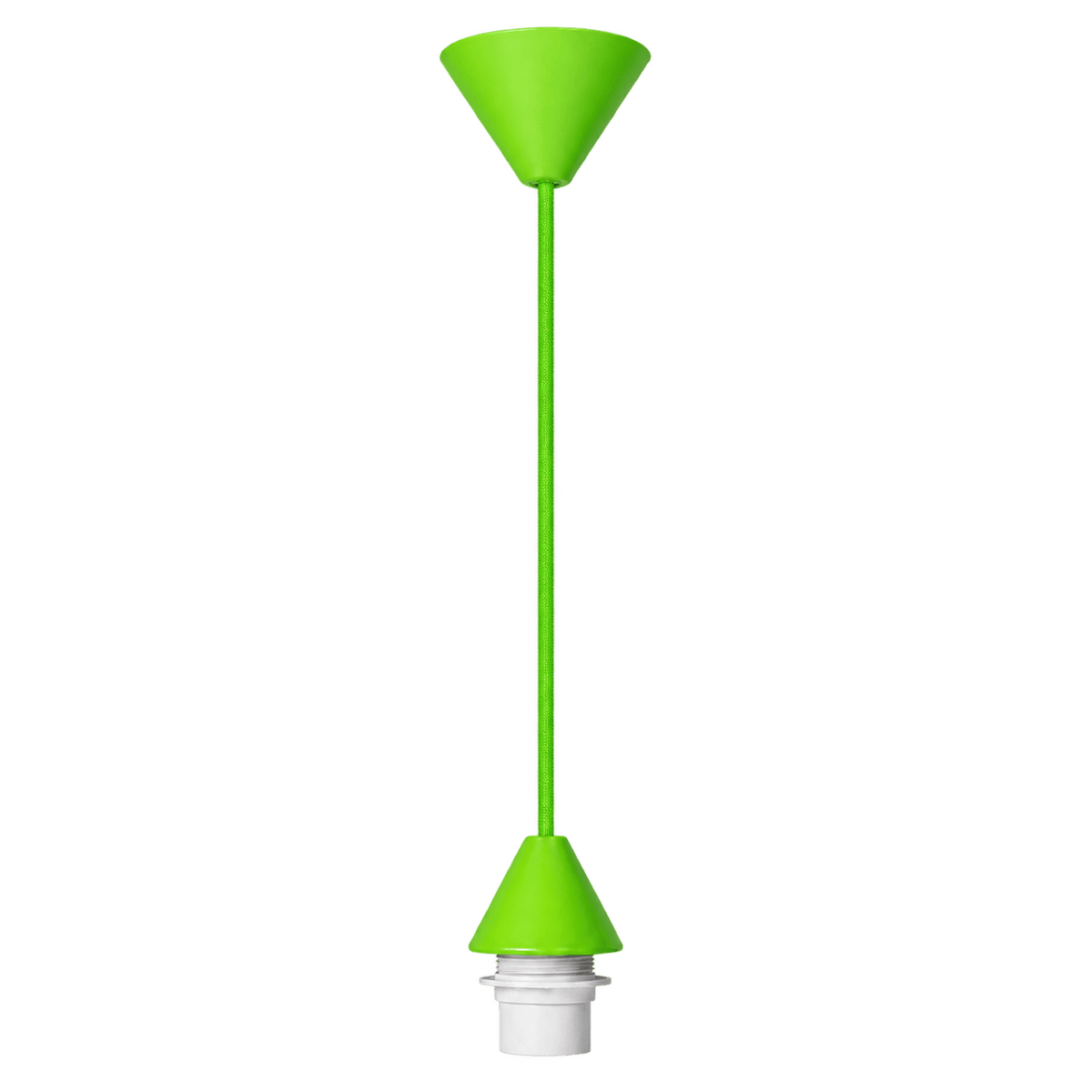 Green conical ceiling rose with a matching cord and white lamp holder, suspended vertically against a plain background.
