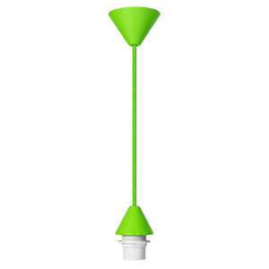 Green conical ceiling rose with a matching cord and white lamp holder, suspended vertically against a plain background.