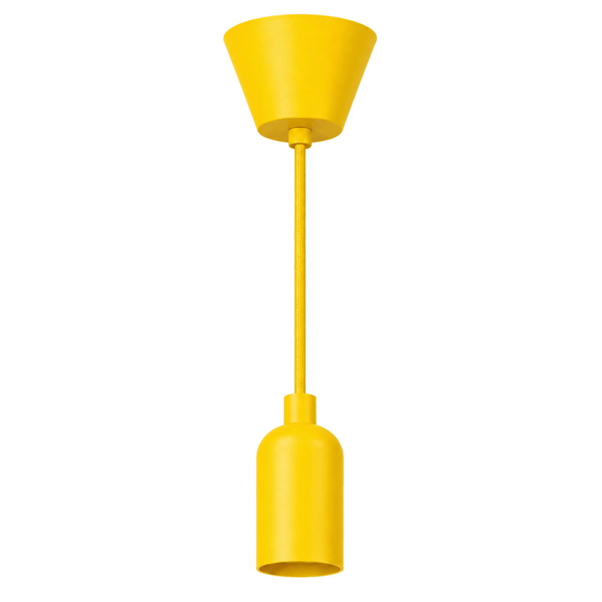 Yellow pendant ceiling rose kit featuring a conical lamp cup and cylindrical lamp holder, suspended by a matching cord.