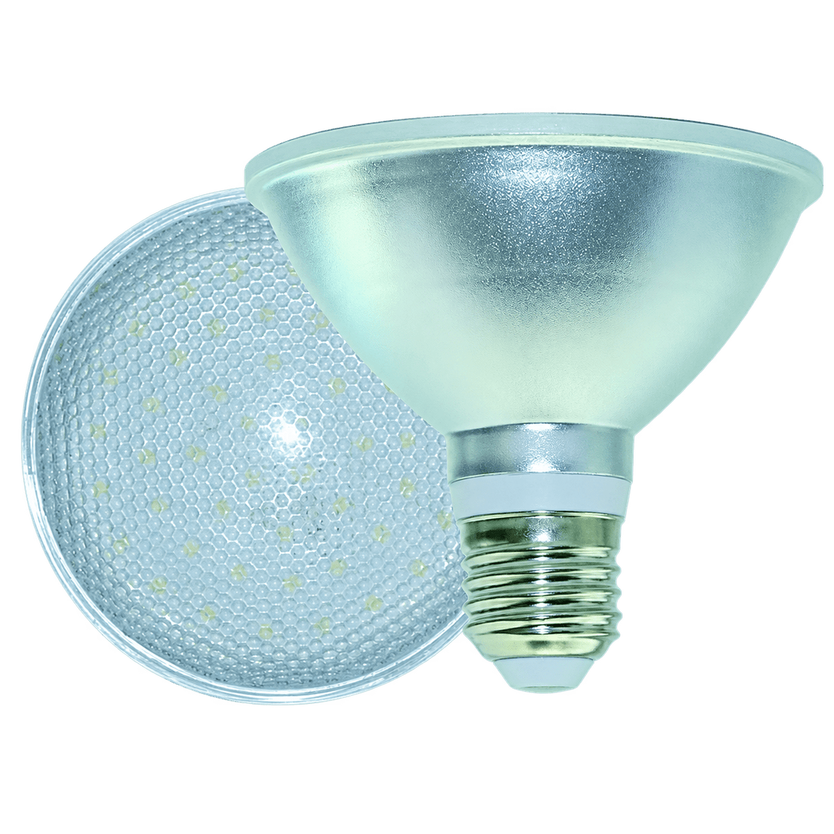 A 9W PAR30 LED bulb with a reflective silver finish and a frosted top, positioned against a white background.