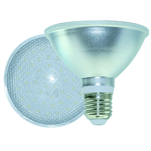 A 9W PAR30 LED bulb with a reflective silver finish and a frosted top, positioned against a white background.