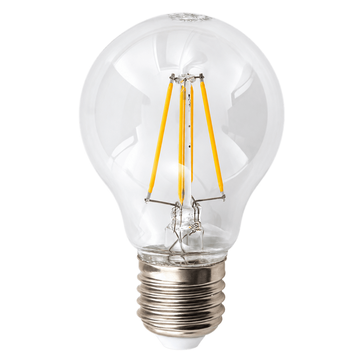 A clear glass A60 LED bulb with a B22 base, featuring yellow filament and a metallic screw base.