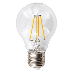 A clear glass A60 LED bulb with a B22 base, featuring yellow filament and a metallic screw base.