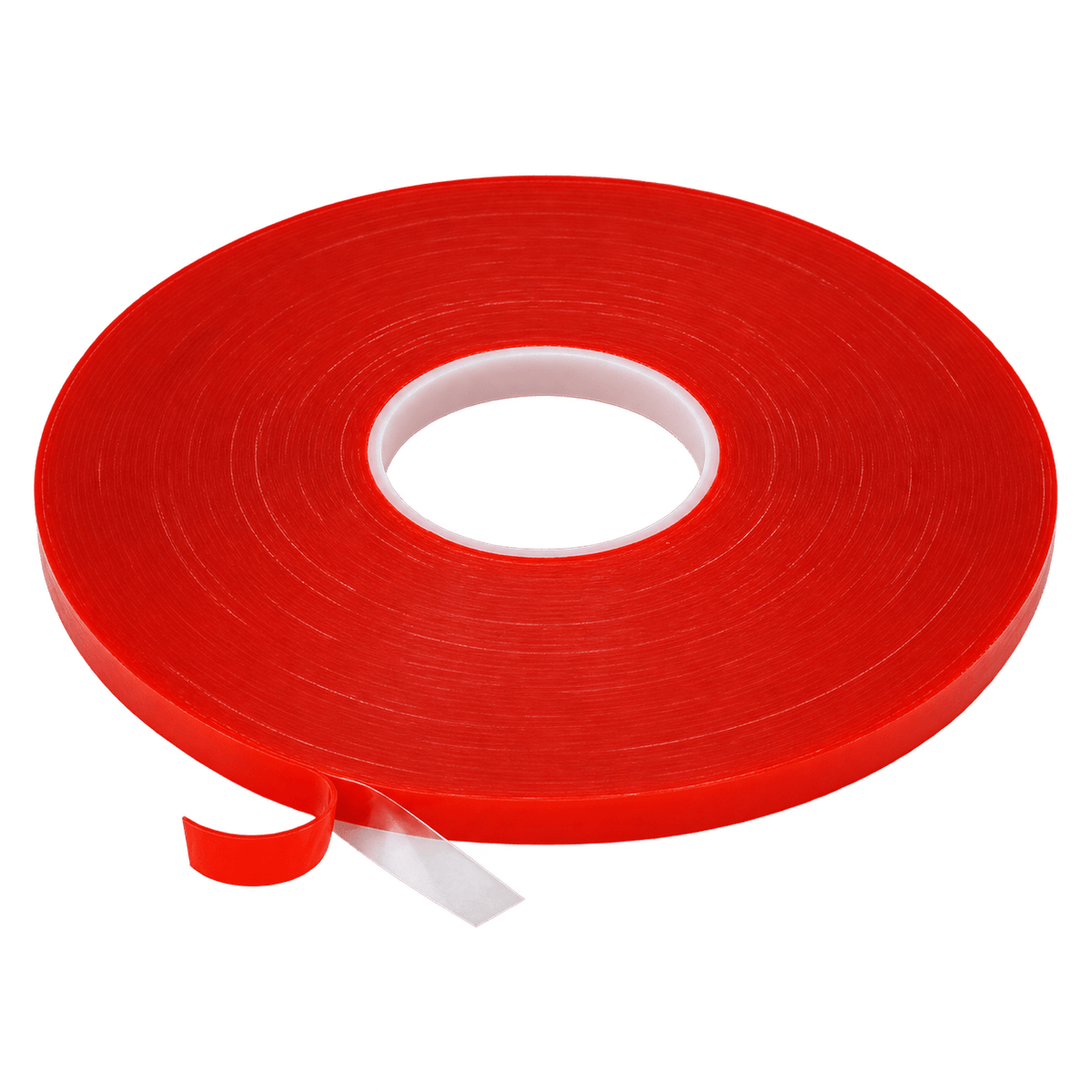 A roll of high-bond double-sided tape, featuring a bright red color with a white core, partially unrolled.
