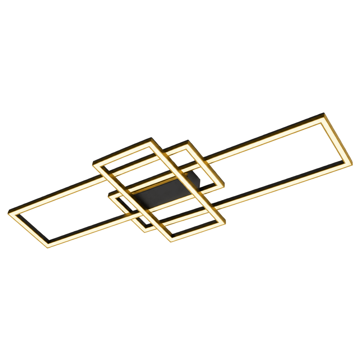 Gold geometric LED ceiling light with overlapping rectangular frames and a black center.