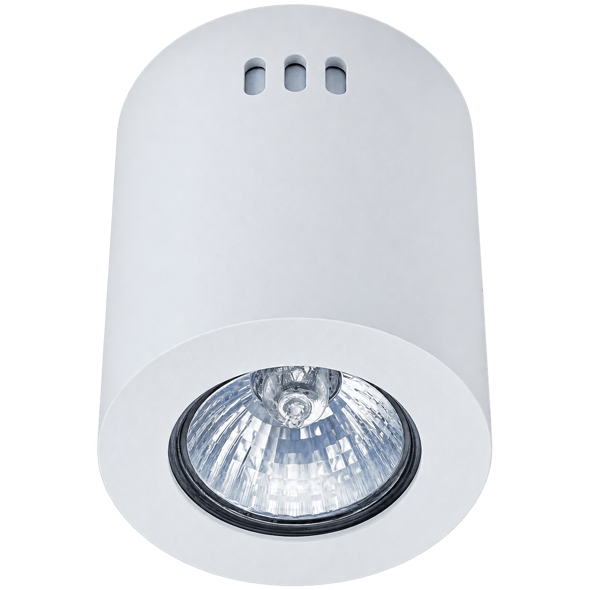 Round white LED GU10 surface-mounted downlight holder with a clear glass bulb and black trim.