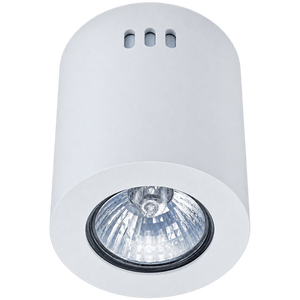 Round white LED GU10 surface-mounted downlight holder with a clear glass bulb and black trim.