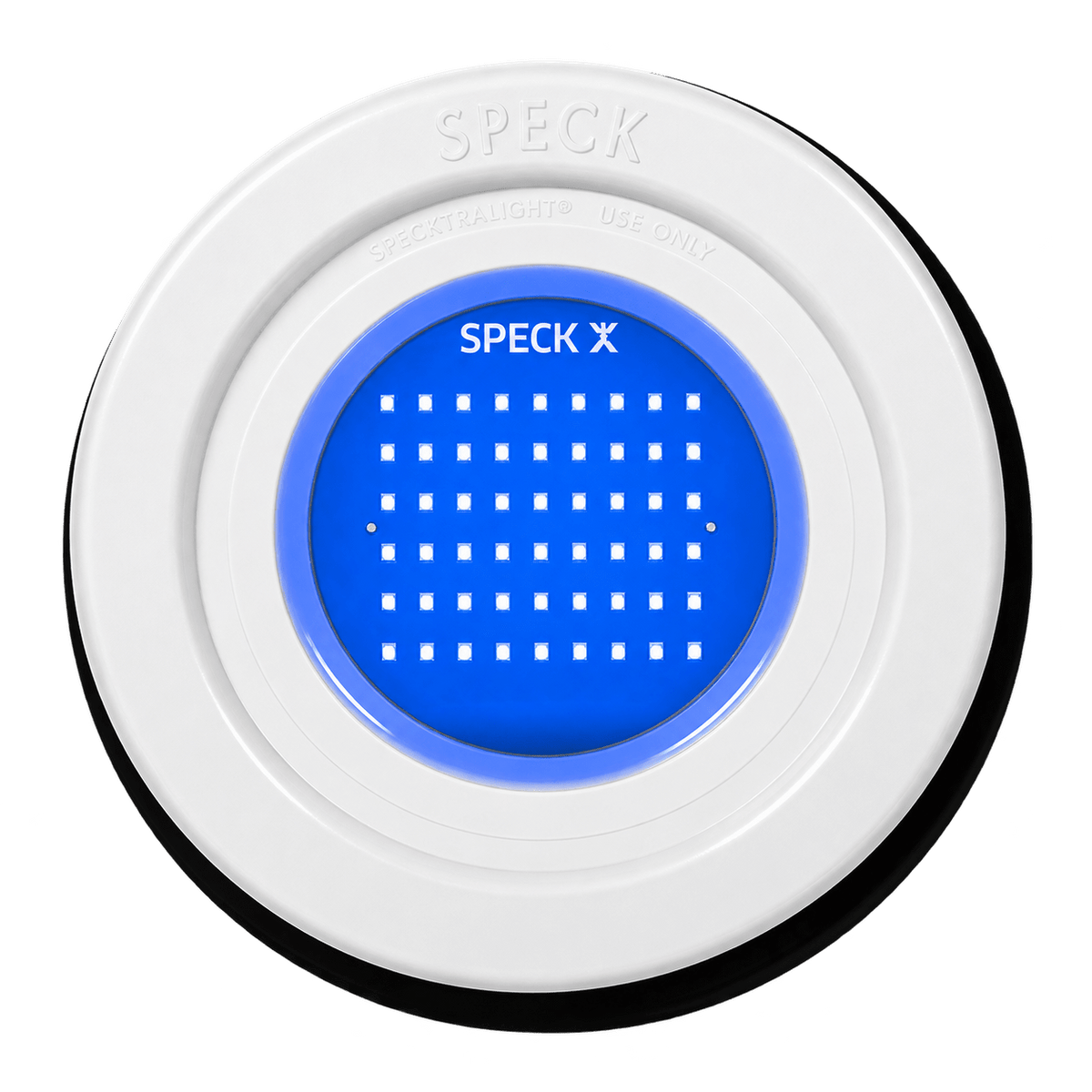 Round white LED pool light with a blue center featuring a grid of small white lights.