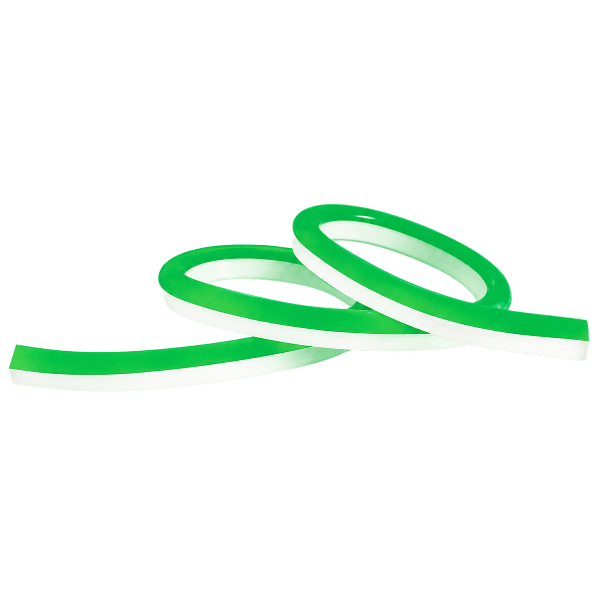 Green LED neon flex tubing arranged in a loose, overlapping pattern with a white backing.