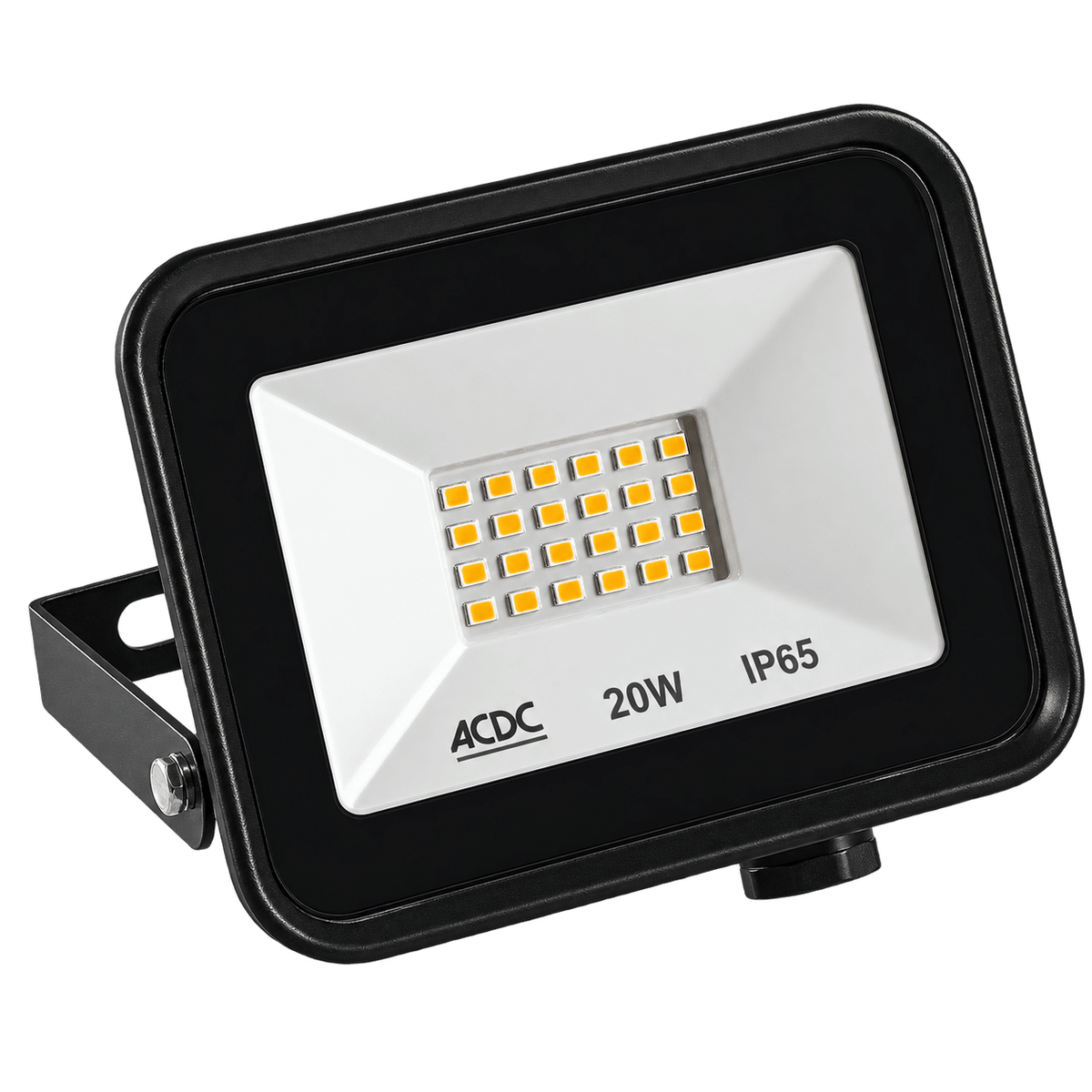 A rectangular LED flood light with a black frame and white front, featuring multiple yellow light diodes.