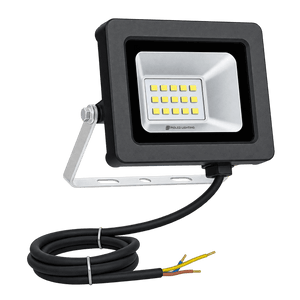 A black 10W floodlight with a silver LED panel, mounted on a metal bracket, featuring a black power cable.