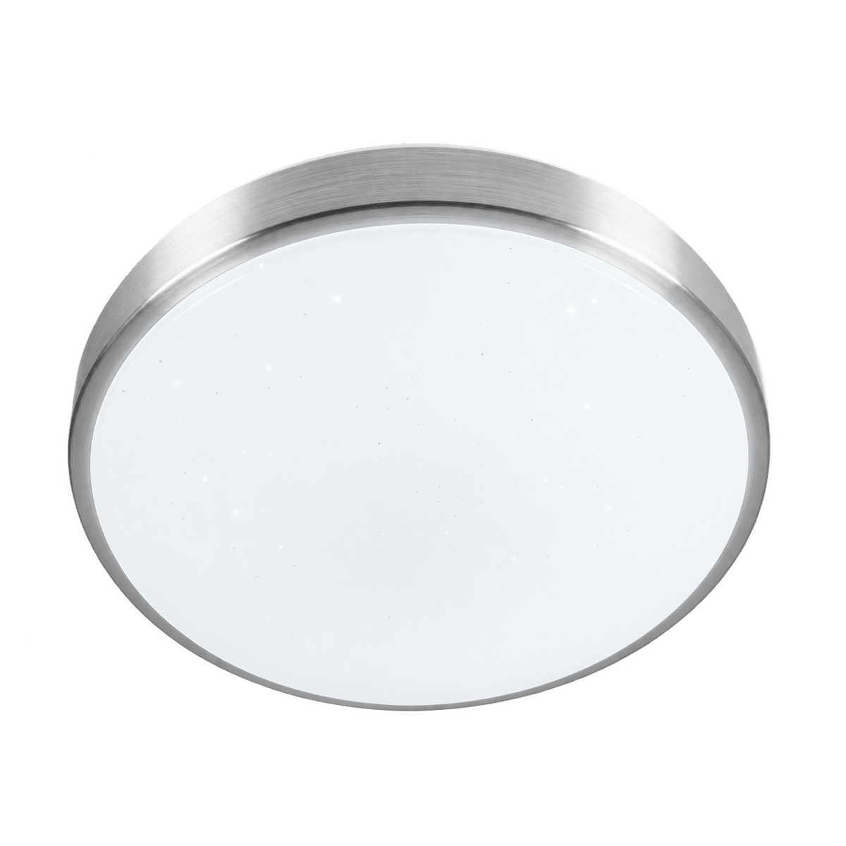 Round LED ceiling light with a white frosted glass surface and a brushed metal trim.