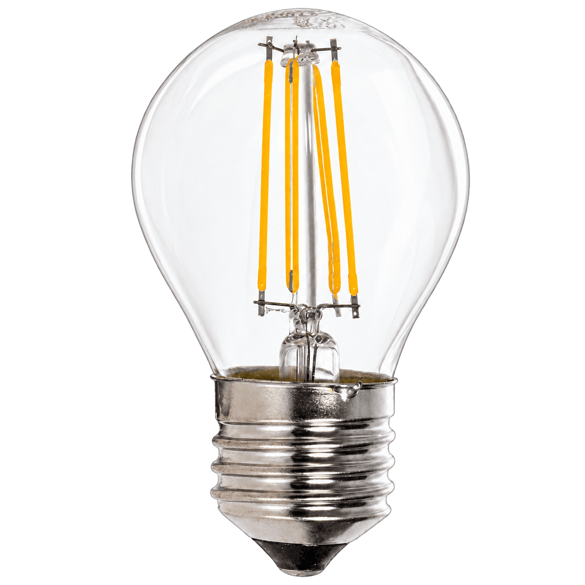 Clear glass golf ball-shaped LED bulb with visible yellow filaments and a silver B22 base.