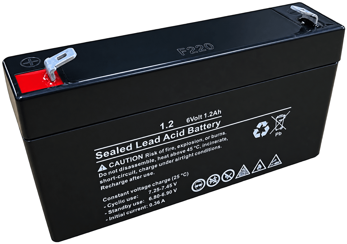 A black sealed lead acid battery with a red terminal, featuring caution labels and specifications on one side.
