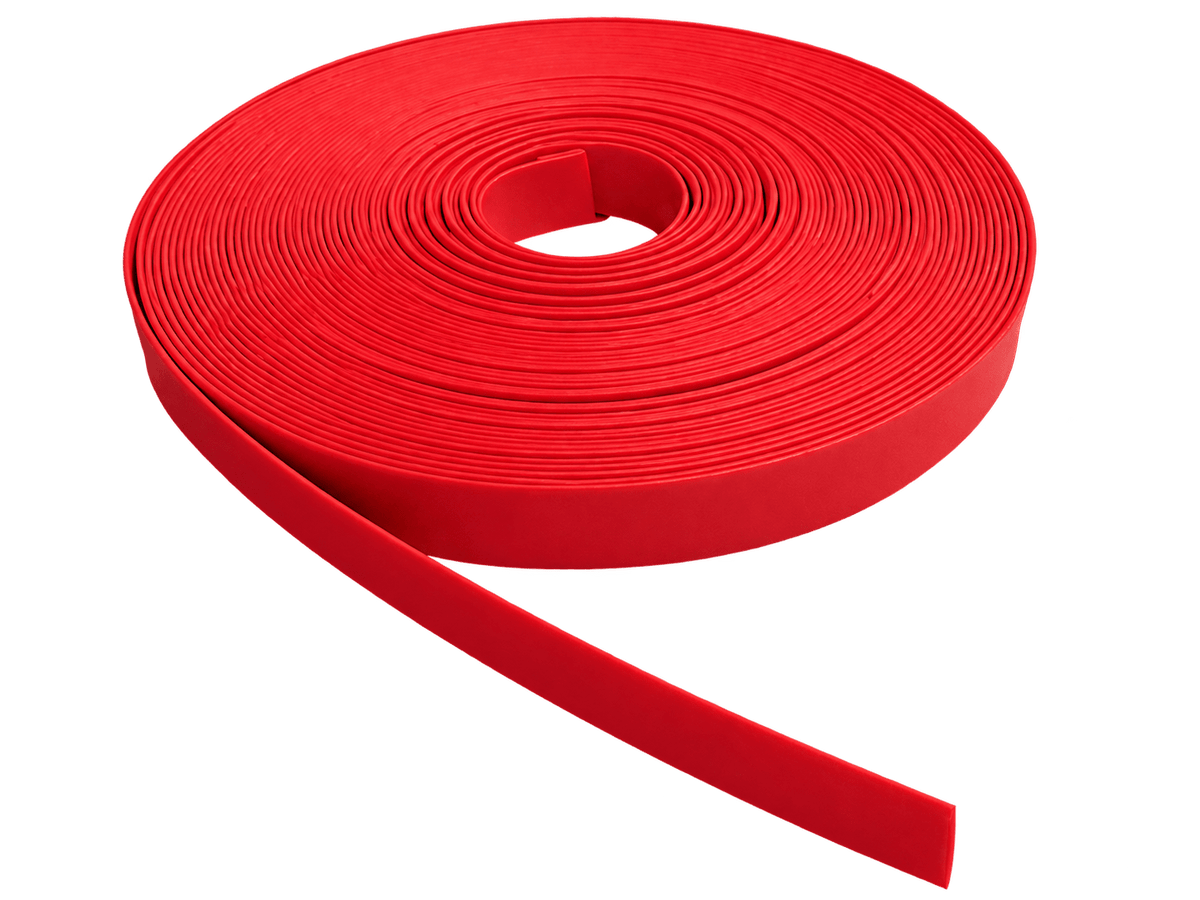 A roll of red heat shrink tubing, coiled with a smooth finish, displaying a consistent color throughout.