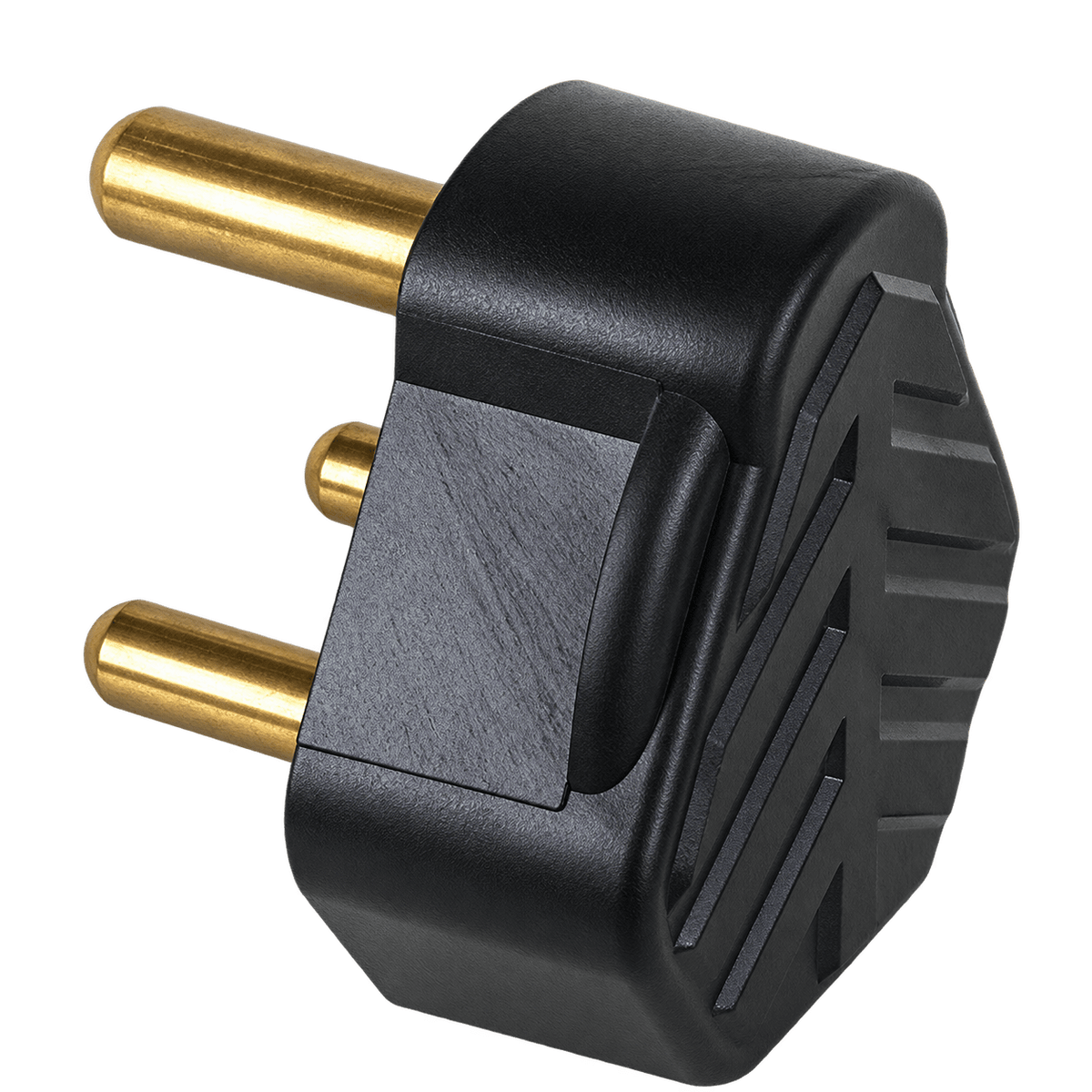 Black rubber standard plug top with three gold pins, featuring a textured side and smooth finish.
