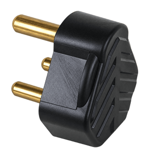Black rubber standard plug top with three gold pins, featuring a textured side and smooth finish.