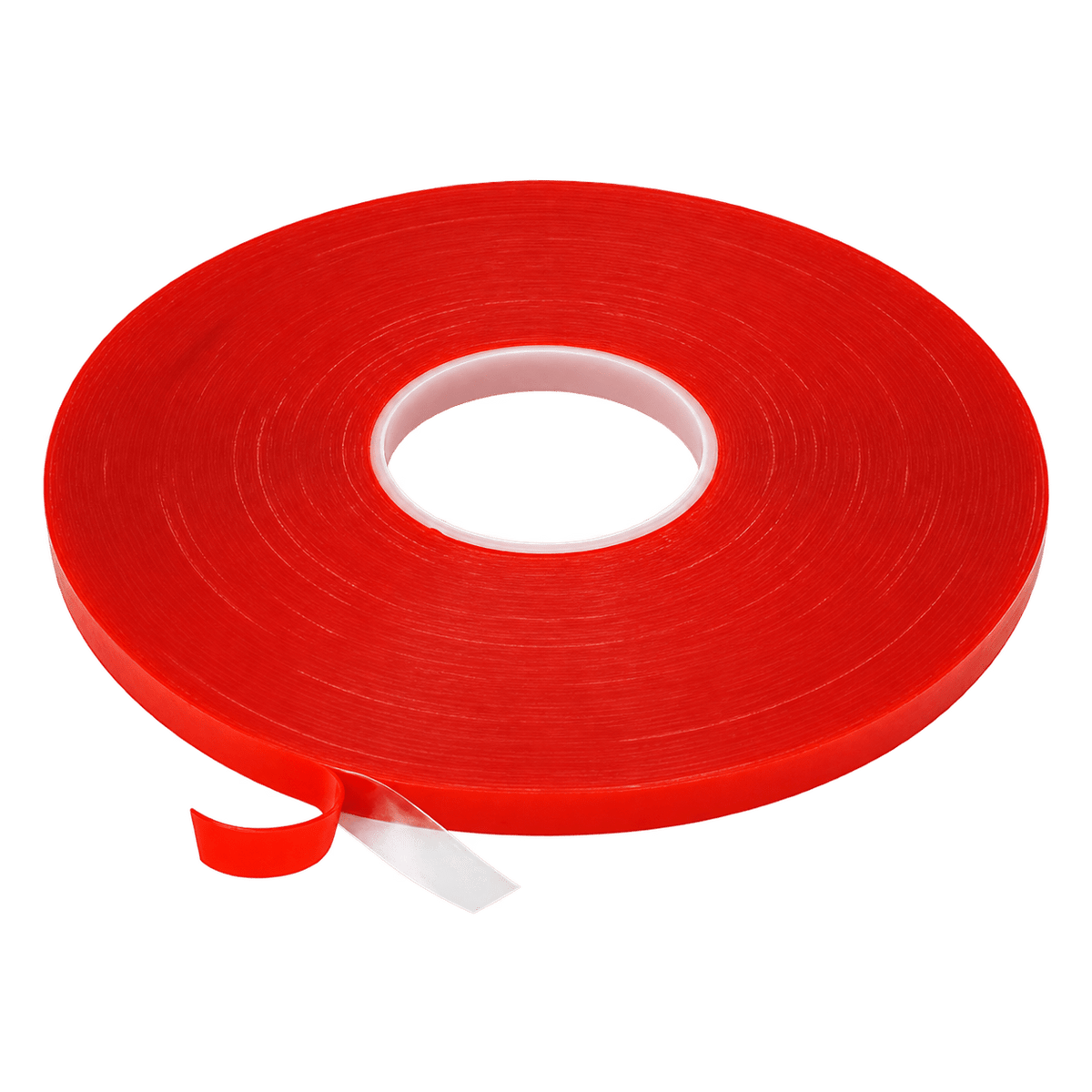 A roll of clear, high-bond double-sided tape with a red backing, featuring a white core in the center.