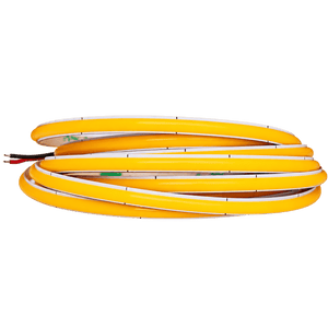 A coiled LED strip light with a yellow exterior and white interior, featuring exposed wiring at one end.