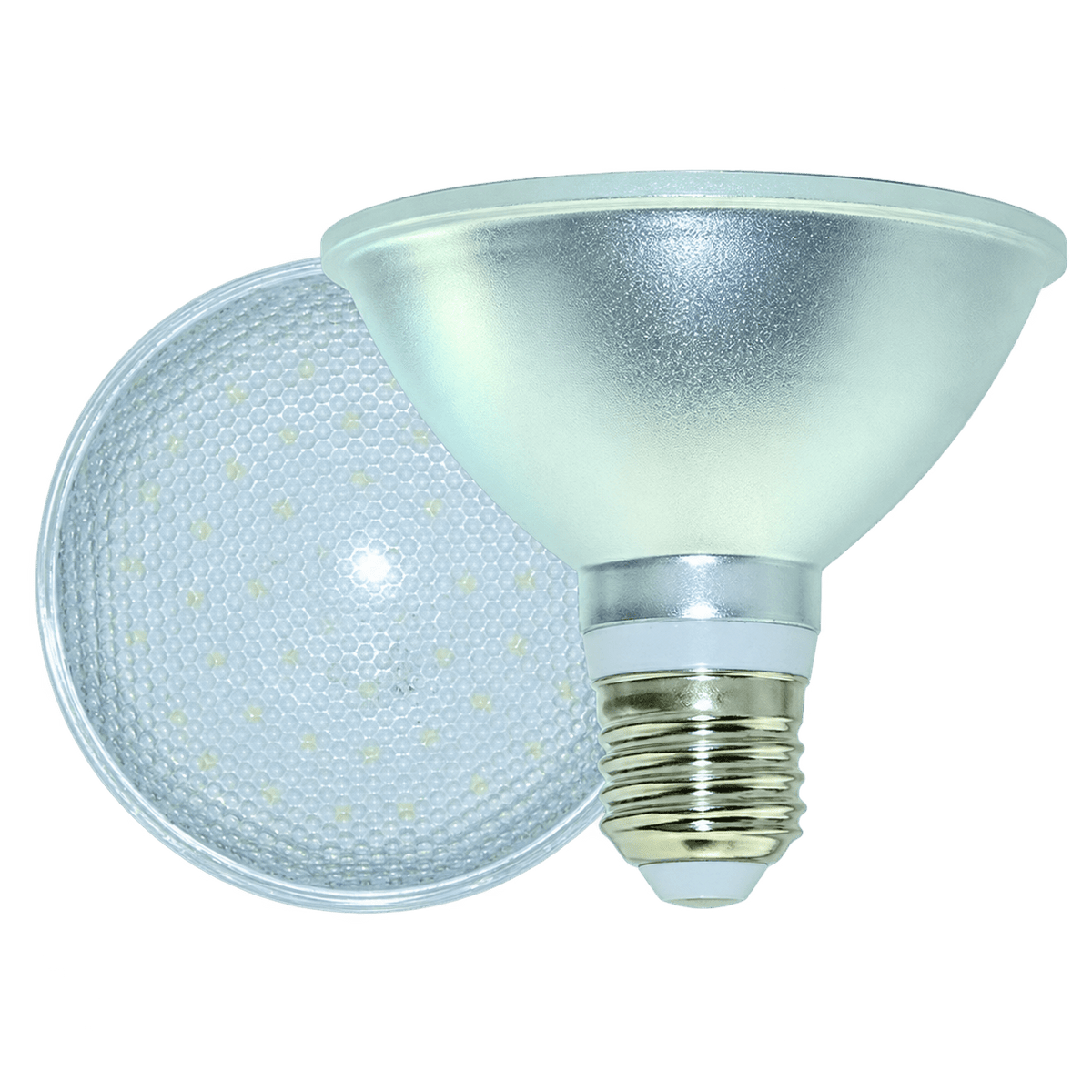 A red 9W PAR30 LED bulb with a reflective silver finish, placed next to a textured lens cover.