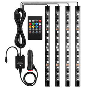 Four LED strip lights with a remote control, power adapter, and car charger, all in black and white.