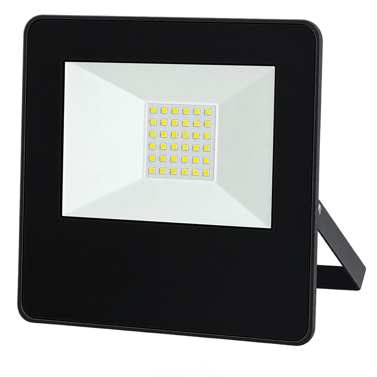 A black LED flood light with a white front panel featuring a grid of yellow lights, positioned on a foldable stand.