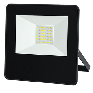 A black LED flood light with a white front panel featuring a grid of yellow lights, positioned on a foldable stand.