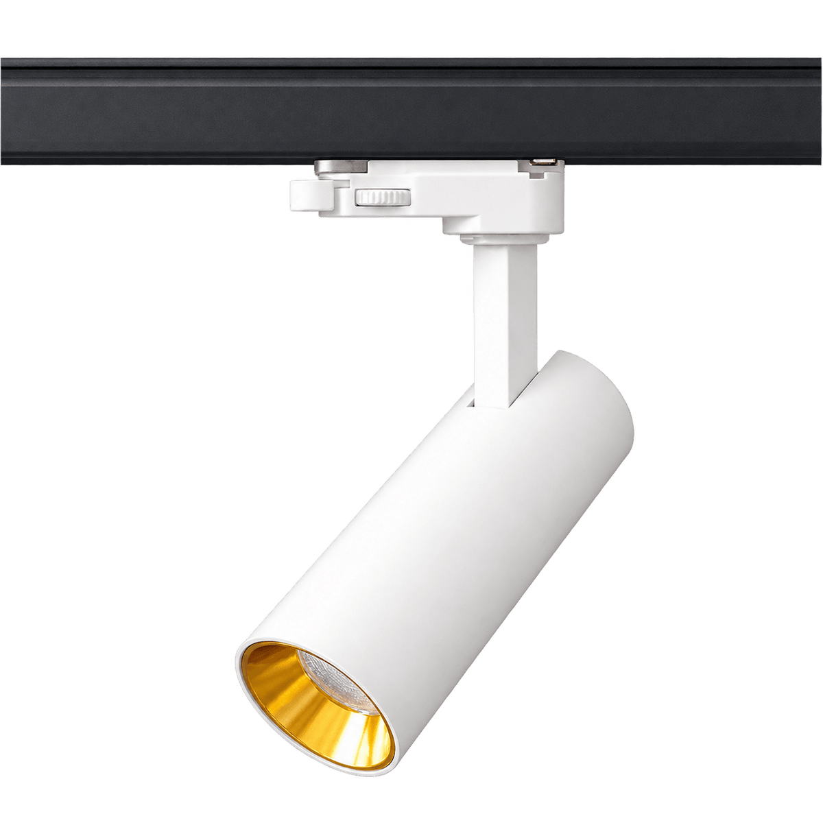 White cylindrical track light with a gold inner finish, mounted on a black track.