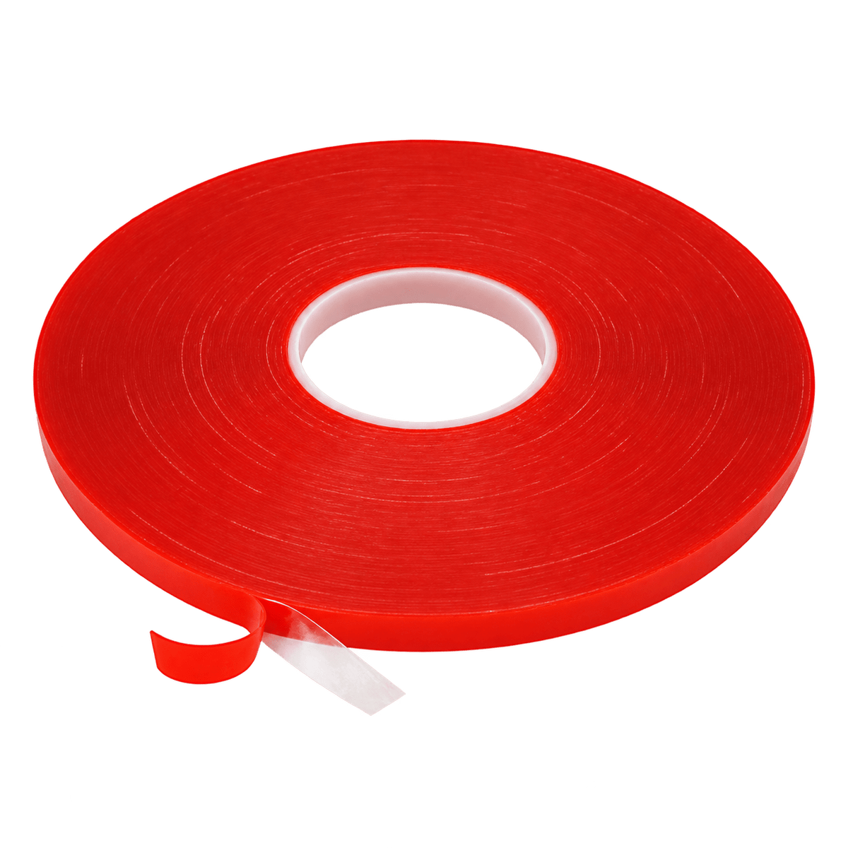 A roll of high-bond double-sided tape in bright red, with a white core and a small portion of tape unspooled.