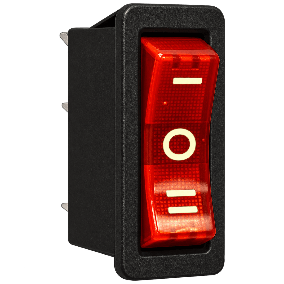 Black rocker switch with red translucent toggle showing white minus, circle, plus symbols and side terminals.