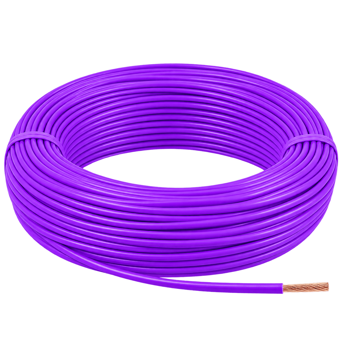 Coiled violet flexible wire with exposed copper strands, neatly wound
