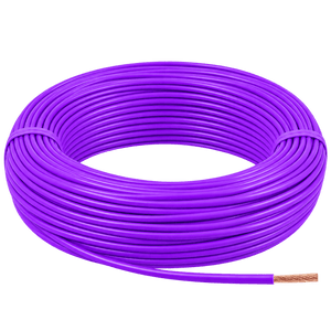 Coiled violet flexible wire with exposed copper strands, neatly wound