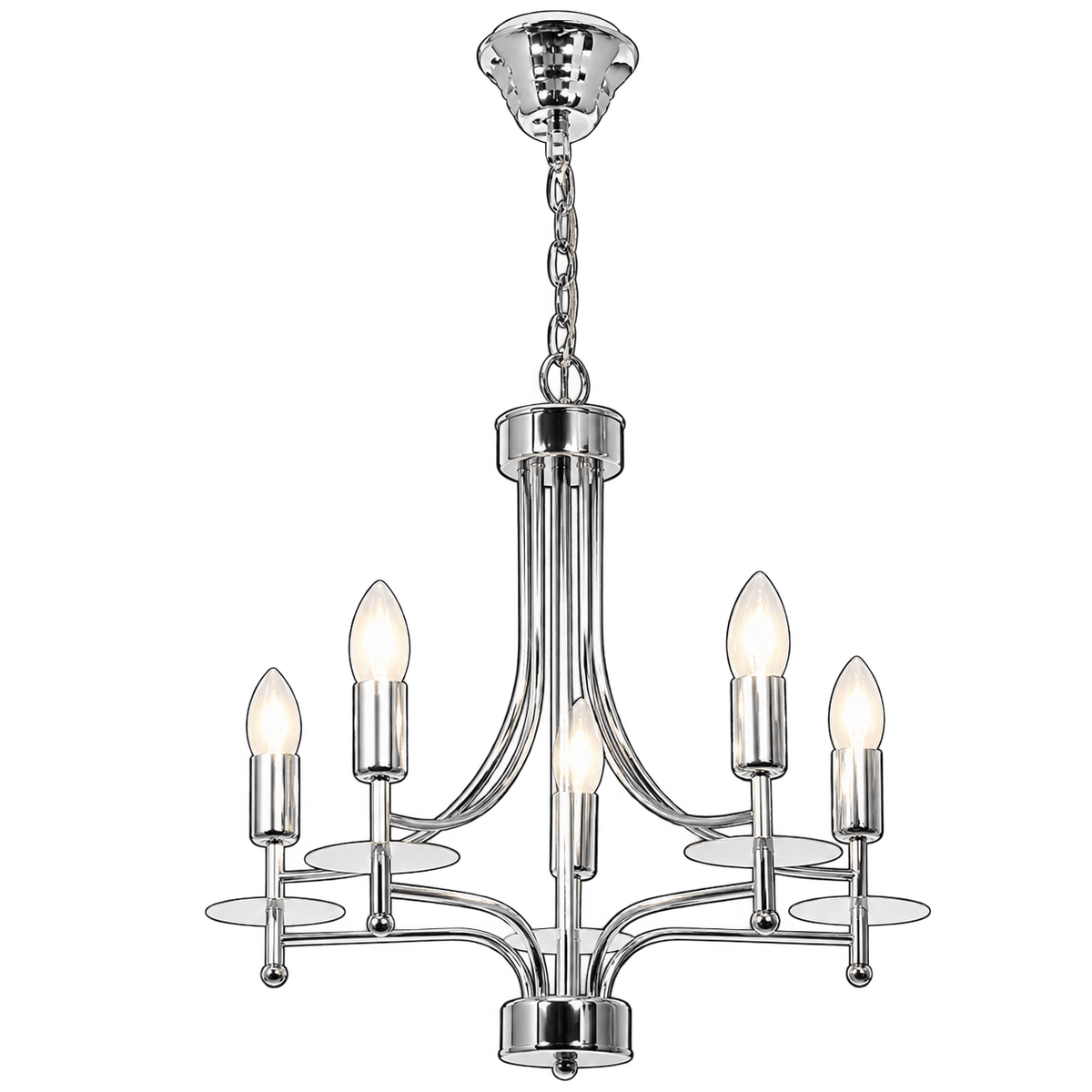 Polished chrome five‑lamp chandelier with adjustable chain, E14 bulbs, modern design
