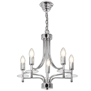 Polished chrome five‑lamp chandelier with adjustable chain, E14 bulbs, modern design
