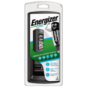 Energizer AccuCharge Universal charger in clear pack, black unit with AA batteries, cartoon mascot, size icons and feature