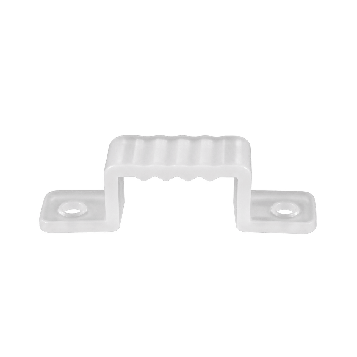 White plastic U‑shaped LED mounting clip with two square plates, ribbed bar, on green background.