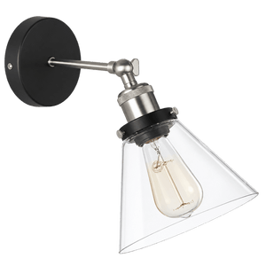 Satin chrome wall light with black backplate, adjustable arm, clear glass dome and exposed filament bulb.