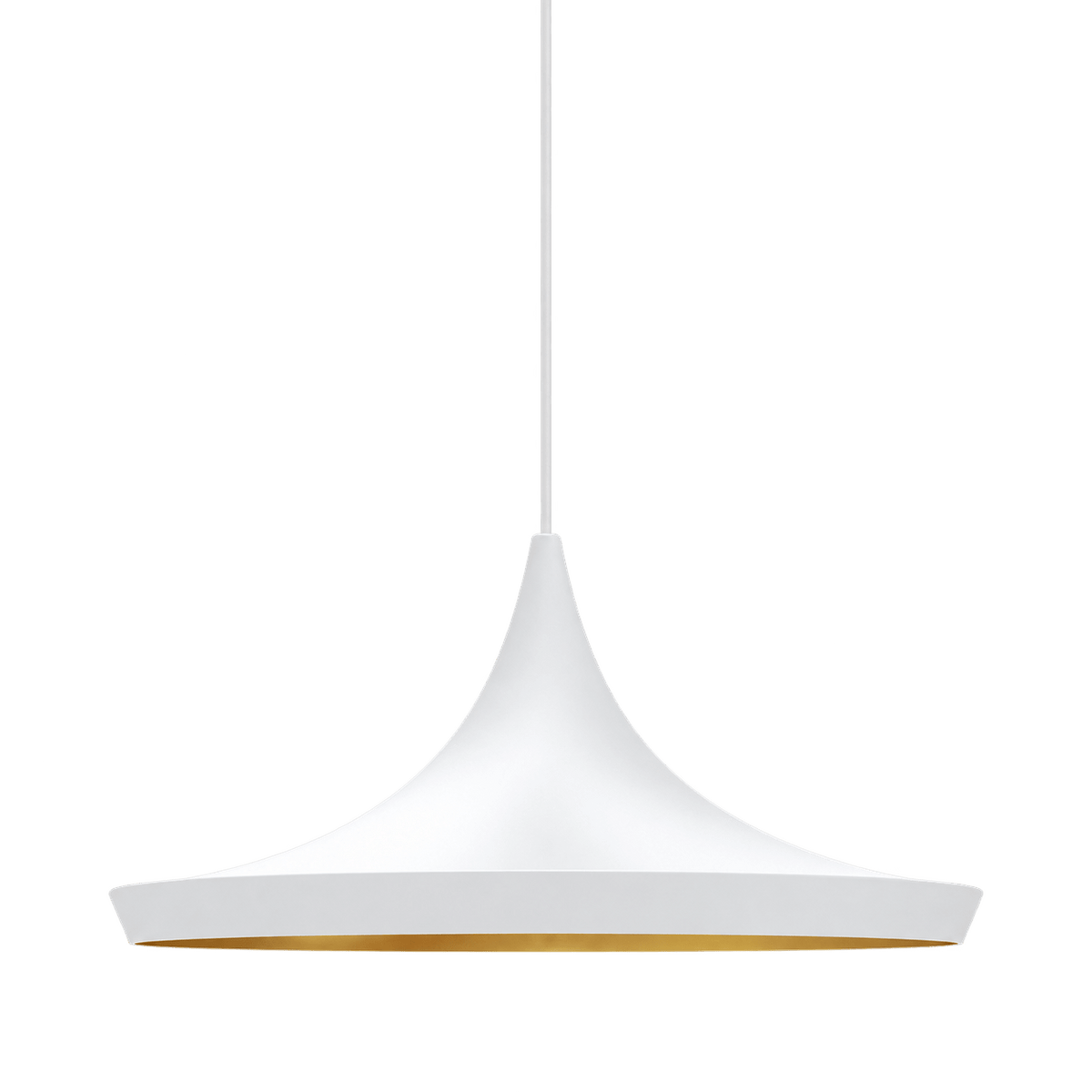 White pendant light with gold interior, hanging from a cord against a green background