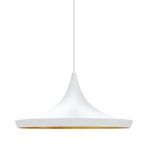 White pendant light with gold interior, hanging from a cord against a green background