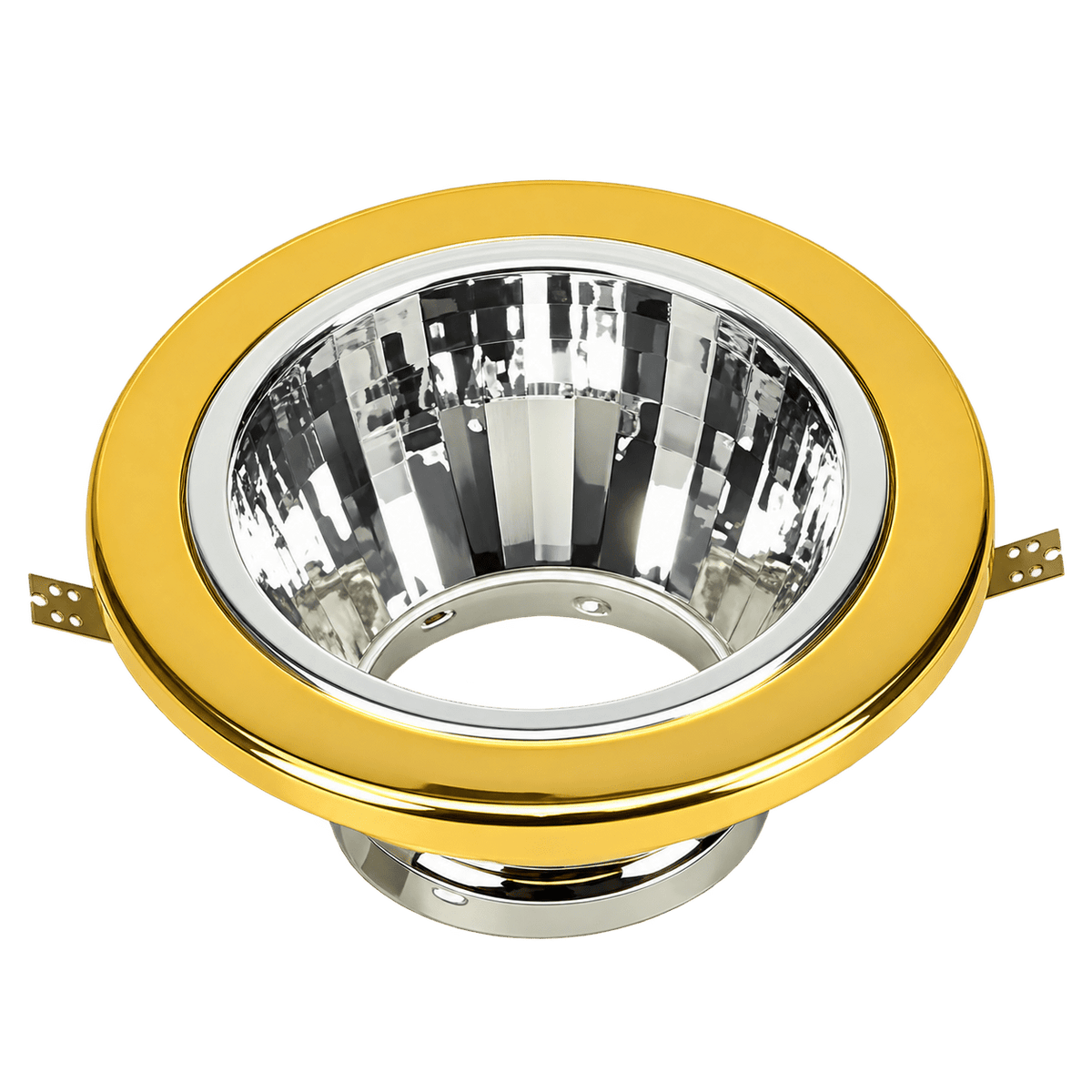 Gold-finished recessed downlight with chrome reflector and mounting brackets, shown against a green background.