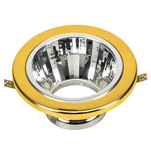 Gold-finished recessed downlight with chrome reflector and mounting brackets, shown against a green background.