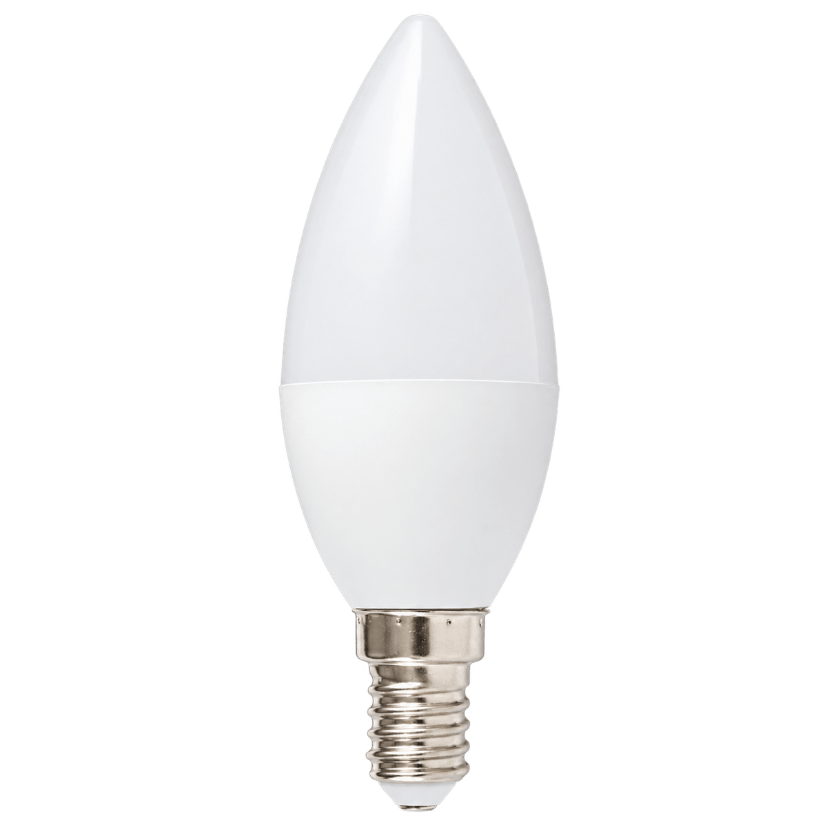White candle-shaped LED bulb with E14 screw base against green background