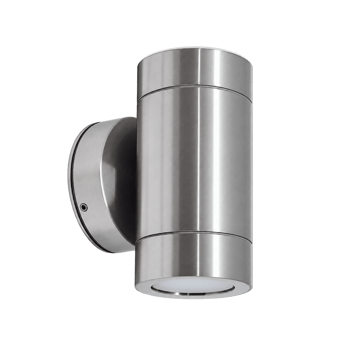 Brushed stainless steel cylindrical wall light with circular backplate and frosted diffuser, mounted on plain green