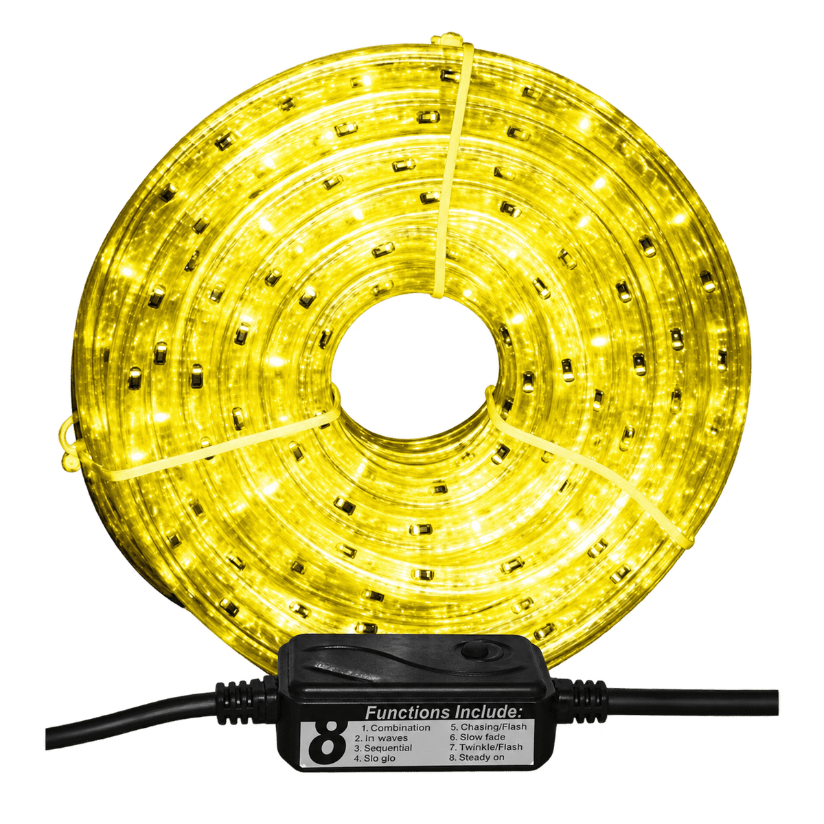 Illuminated yellow LED rope light coil with zip ties and a black controller showing eight light functions.