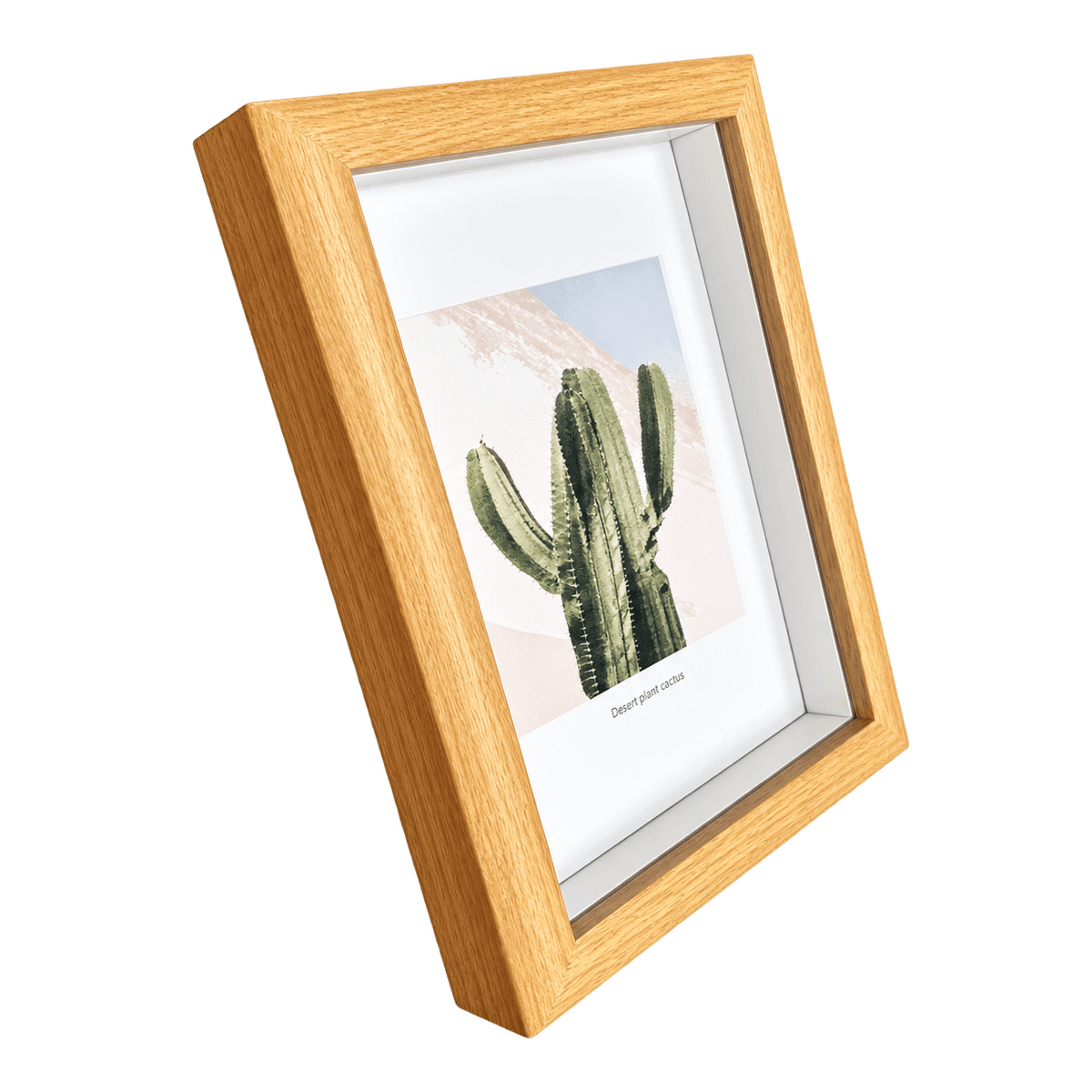 Medium wood‑finish picture frame with a cactus print, deep‑set box style.