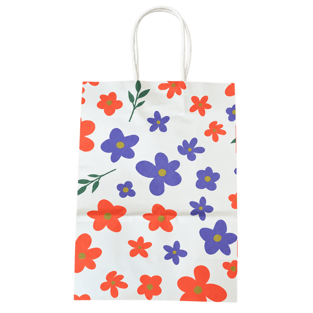 White gift bag with orange and purple floral pattern and green leaf accents