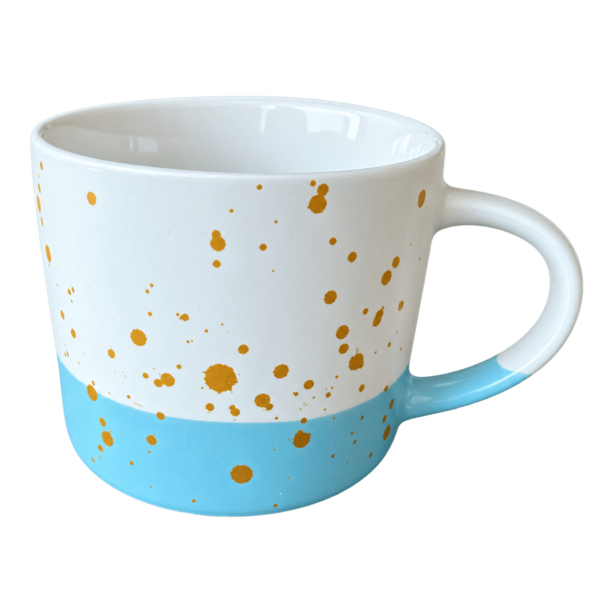 White ceramic mug with gold speckles and a light blue base, side view, handle on right.