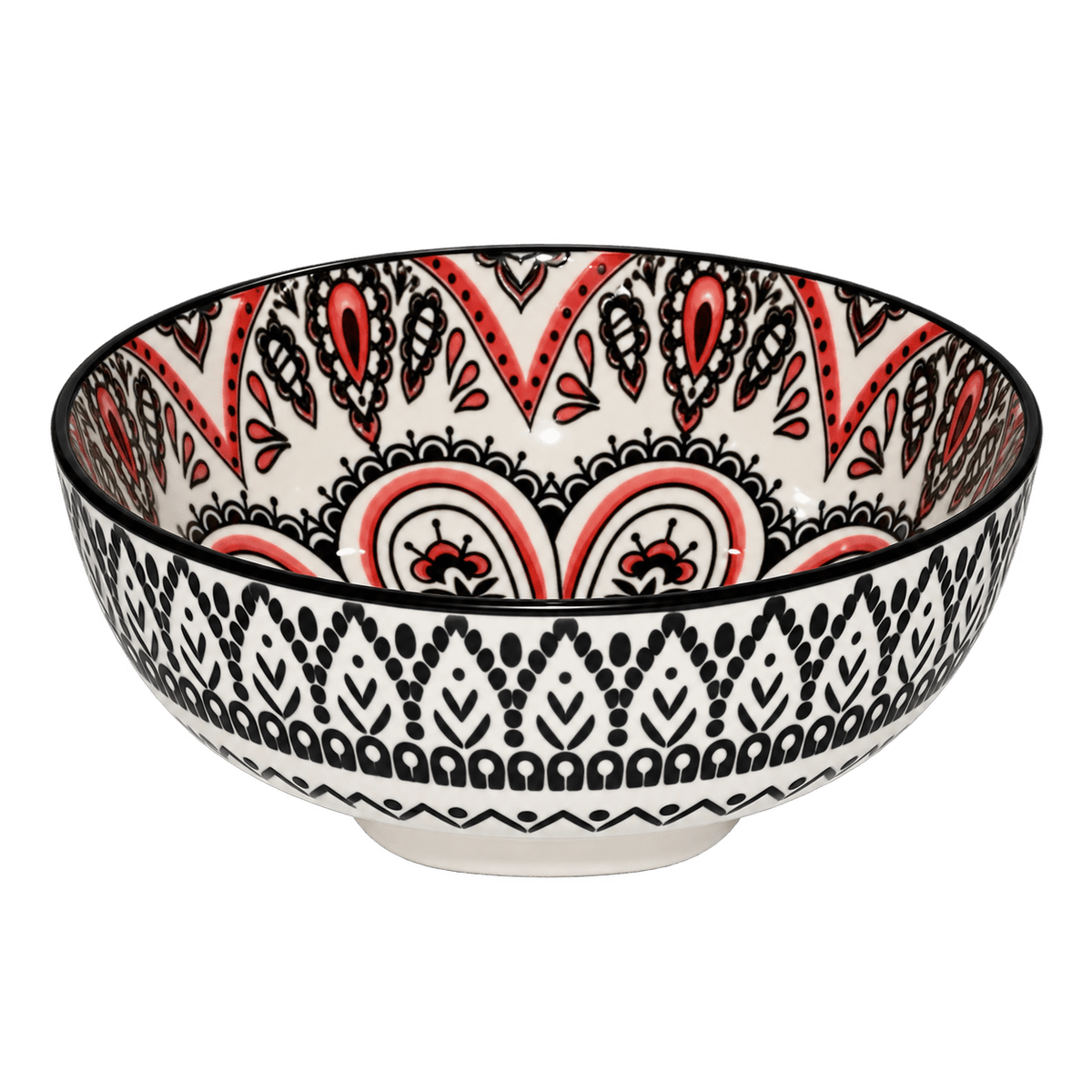 Black and red patterned ceramic bowl with intricate designs, shown against solid green background.